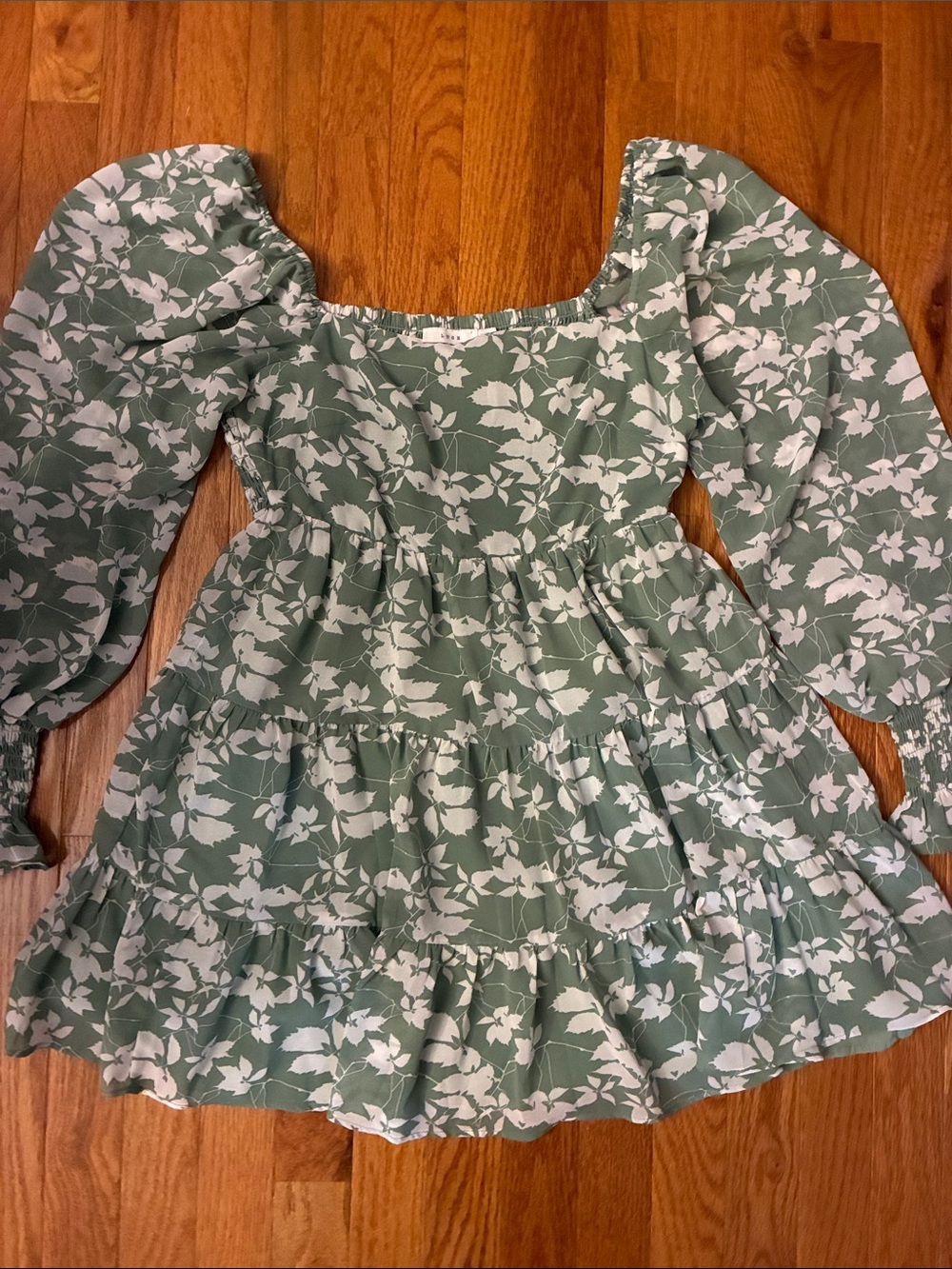Lush Sage Green Floral Tiered Dress with Puff Sleeves
